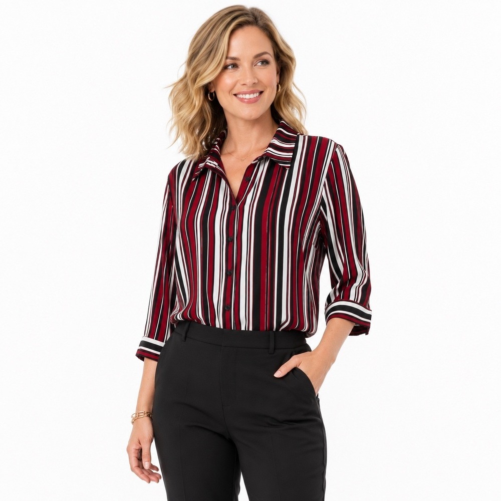 Catherines Striped Button Down Shirt Womens Size 3X Red Black White Blouse Top‎